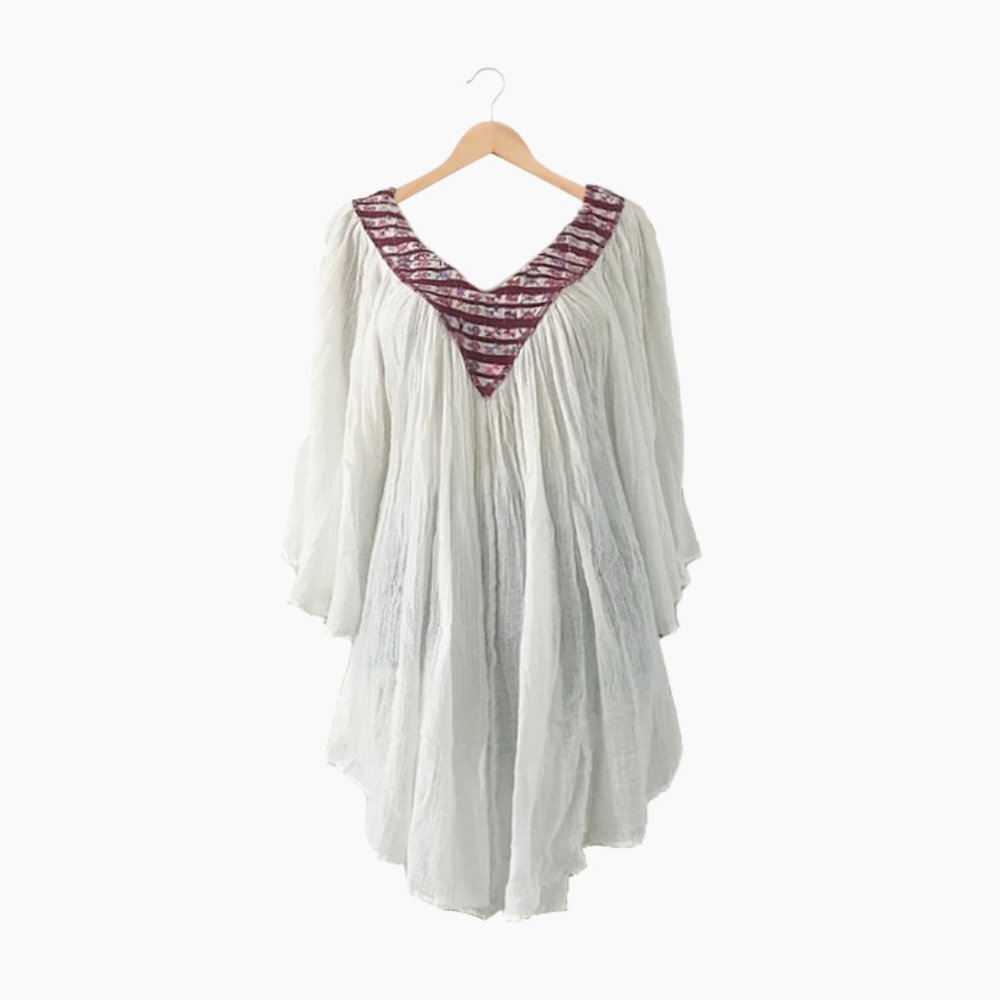 bohemian boho hippie handmade embroidered muslin cotton babydoll tunic blouse